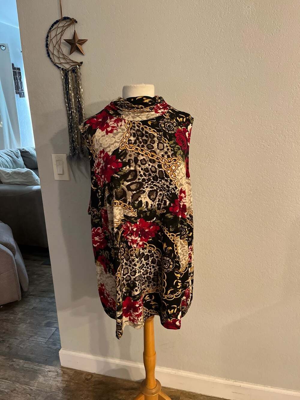 Susan Graver Liquid Knit Sleeveless Mock Neck Tunic Top Floral Leopard Chain 3X